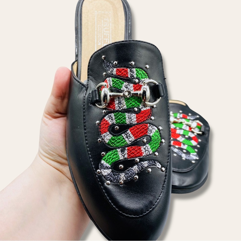 ASOS Truffle Black Embroidered Snake Stud Slip On Horse Bit Mule Slides 6